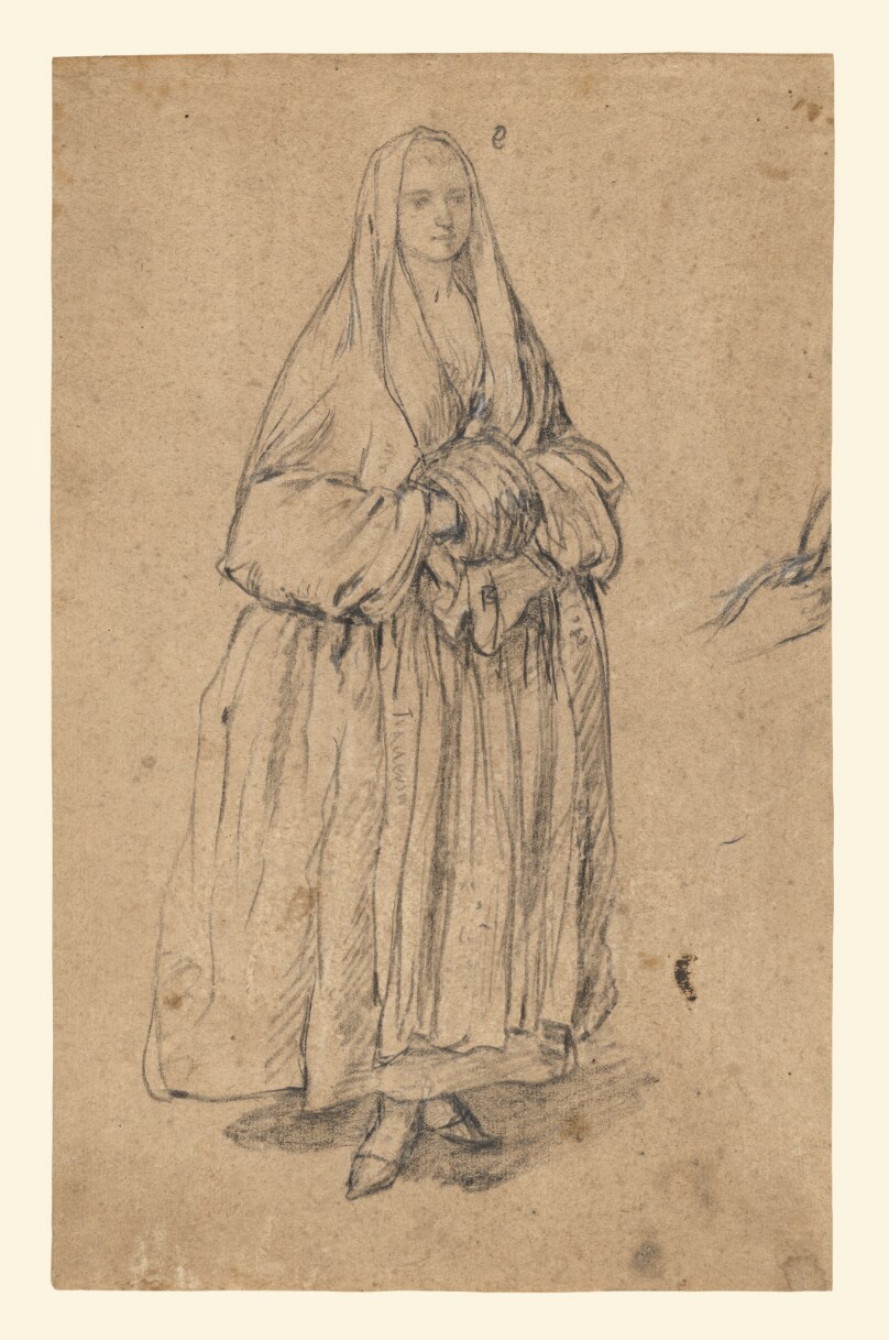 Standing Woman Holding a Muff, Turned Slightly to the Right (recto); Studies of Heads (verso)