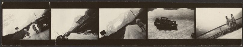 [Contact print strip from five Leica negatives: couple and car on road with Italian Alps in distance, angle and bird's-eye views]