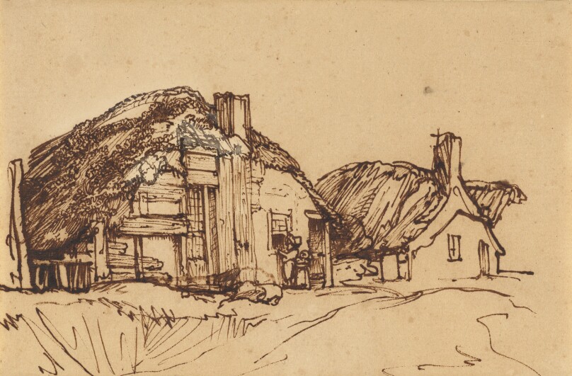 Two Thatched Cottages with Figures at a Window