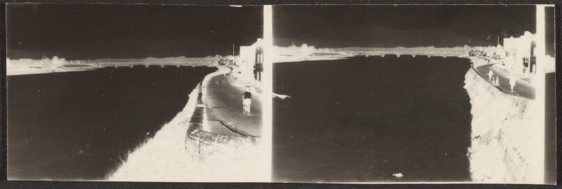 [Contact print-strip from two 37mm film positives: expanse of river with bridge in distance and horizon in negative]