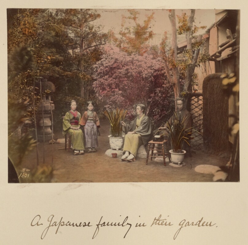 A Japanese family in their garden