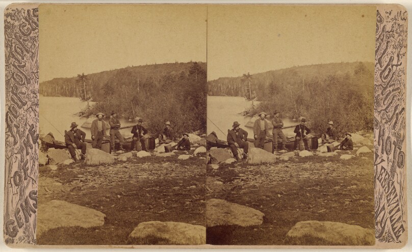 [Group of men at St. Regis River, two with fishing poles]
