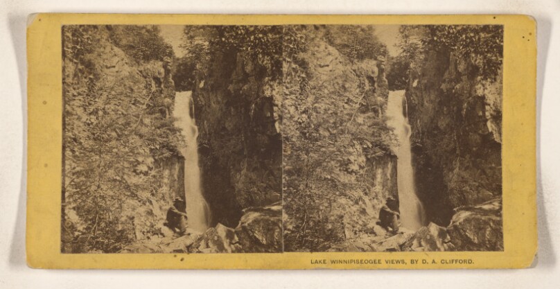 [Waterfall with man on cliffs near Lake Winnipiseogee]
