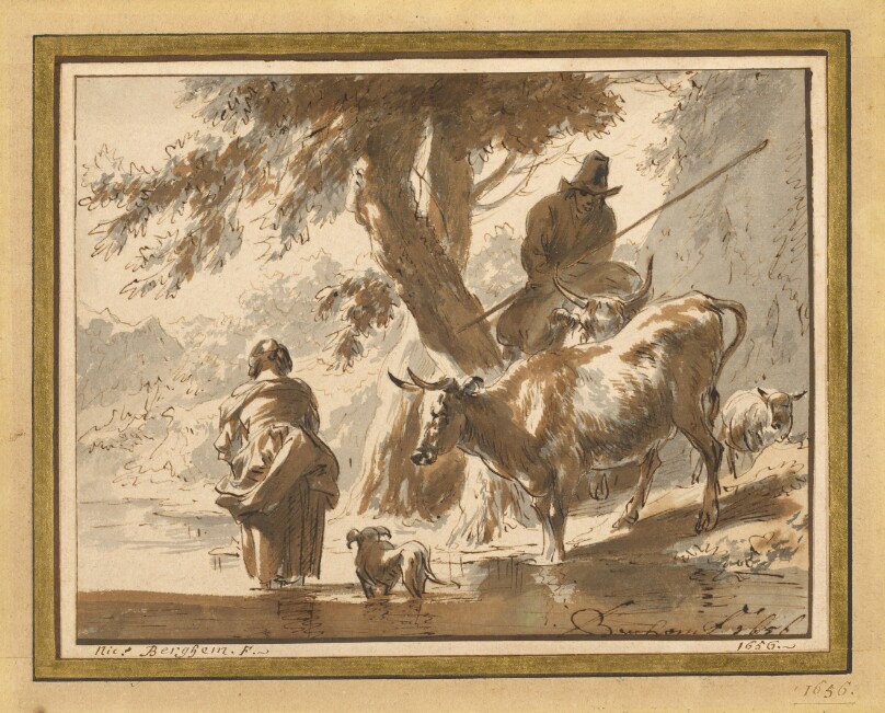 Cows Crossing a Ford with a Couple and a Dog