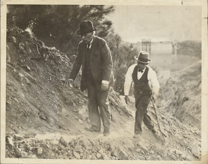 [William Mulholland and Harvey Van Norman inspecting St. Francis Dam flood]