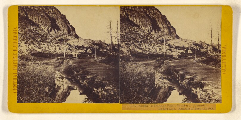 Bluffs in Donner Pass, Western Summit, 500 feet high. Altitude of Pass 7,090 feet.