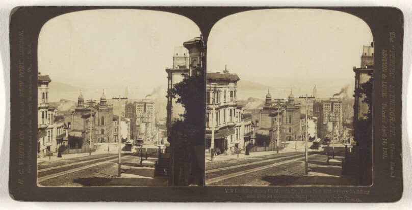 Looking down California St., from Nob Hill - Ferry Building and Bay in distance, San Francisco, U.S.A.