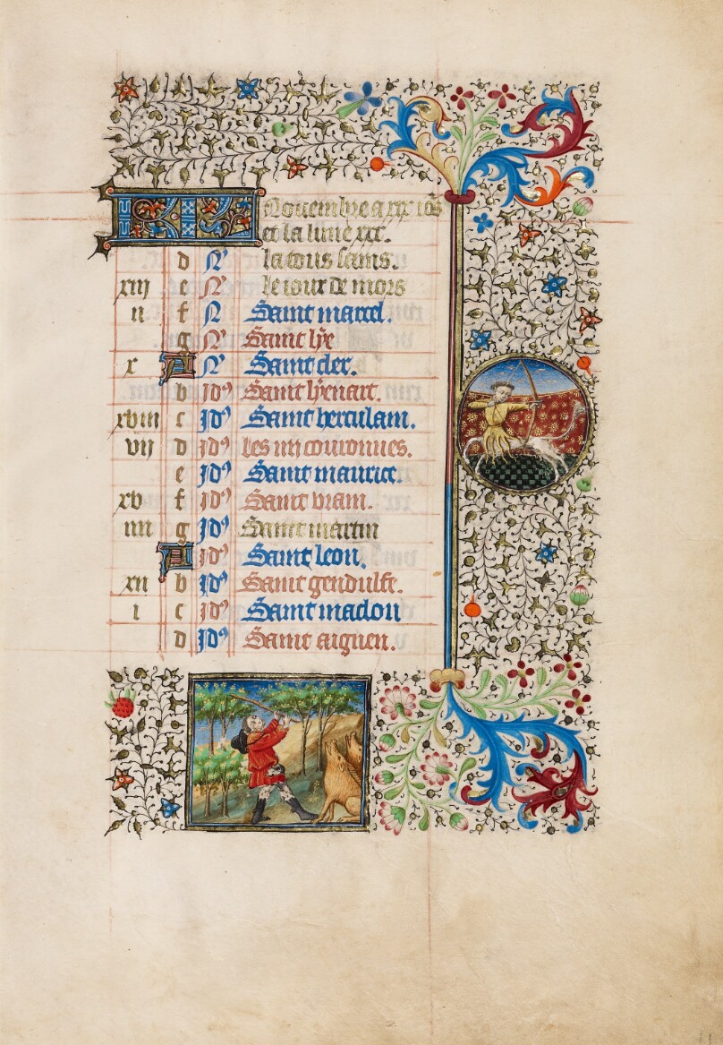 November Calendar Page; Gathering Acorns for Pigs; Sagittarius