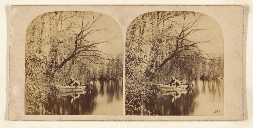 [River scene: man with hat in rowboat]