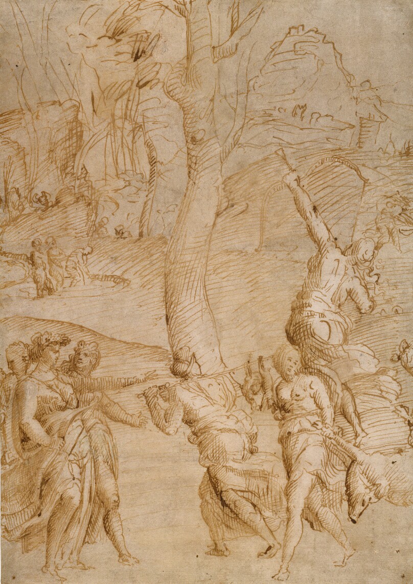 Hunting Scene (recto); Two Studies of a Pair of Reclining River-Gods (?), a Sarcophagus Front (?) verso