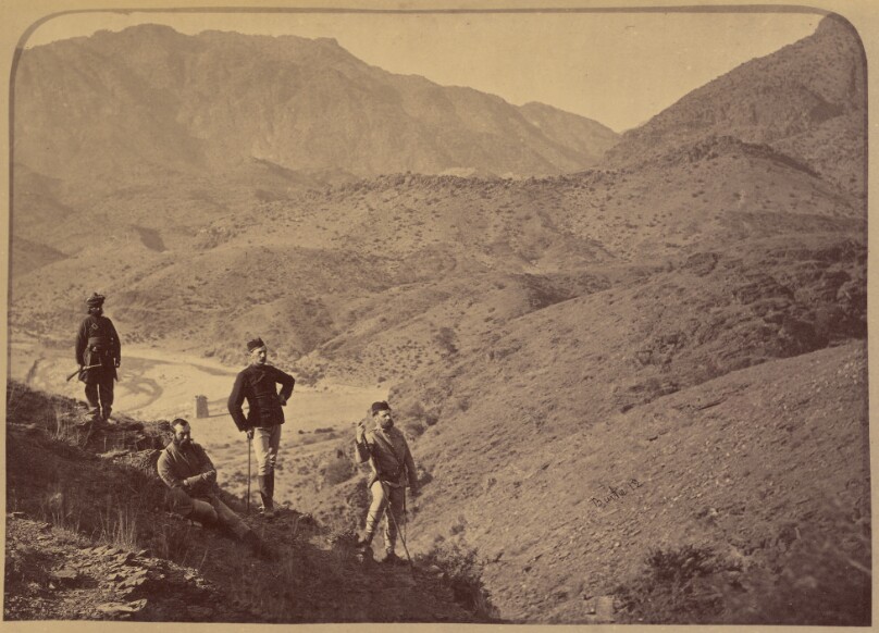 Shergai Heights. General Appleyard and Staff, Ali Musjid in distance, showing the tower by Lala Chini where the meeting took place between Major Cavagnari, C.S.I., and Faiz Mahomed Khan