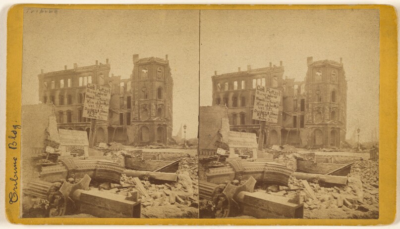Among the Ruins in Chicago. Tribune Building, cor. Madison and Dearborn Sts., looking South
