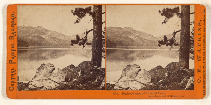 Railroad around Crested Peak. View from foot of Donner Lake.