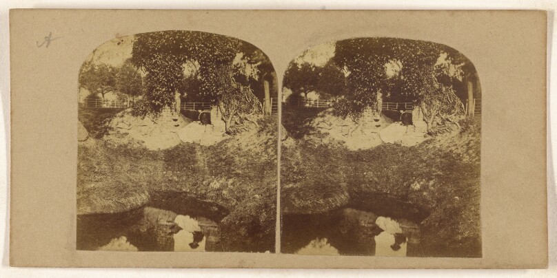 [Woman seated on ground overlooking a brook, her reflection seen in the brook]