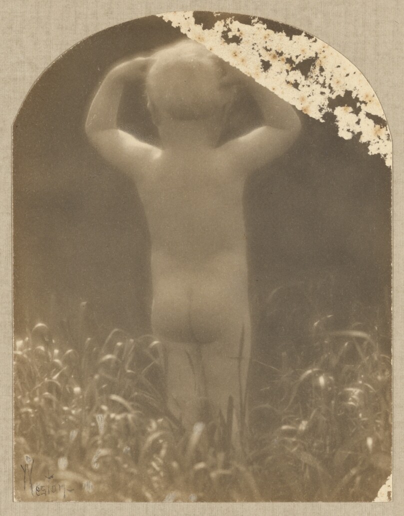 [Brett Weston, nude, back view, hands on head]