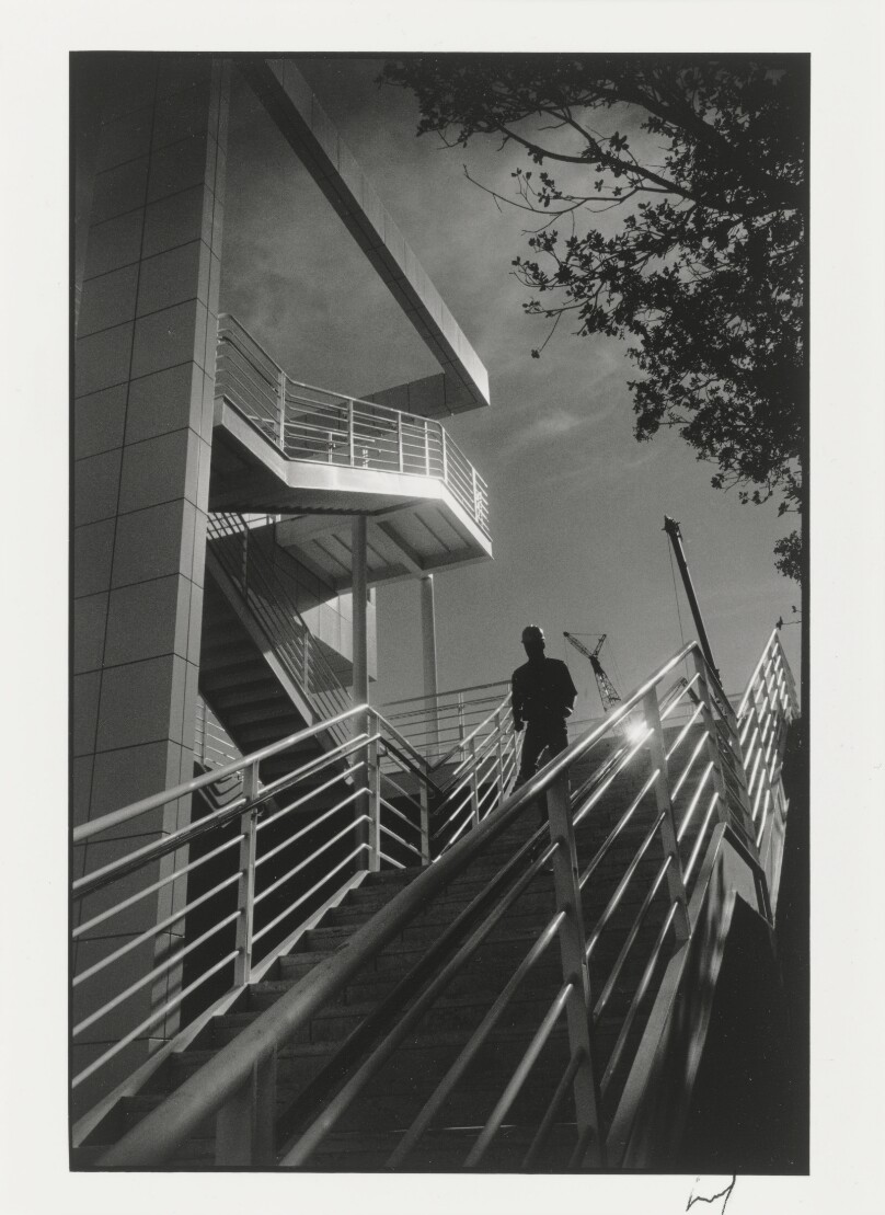 [Getty Center: Stairs, cranes and man in hard hat]