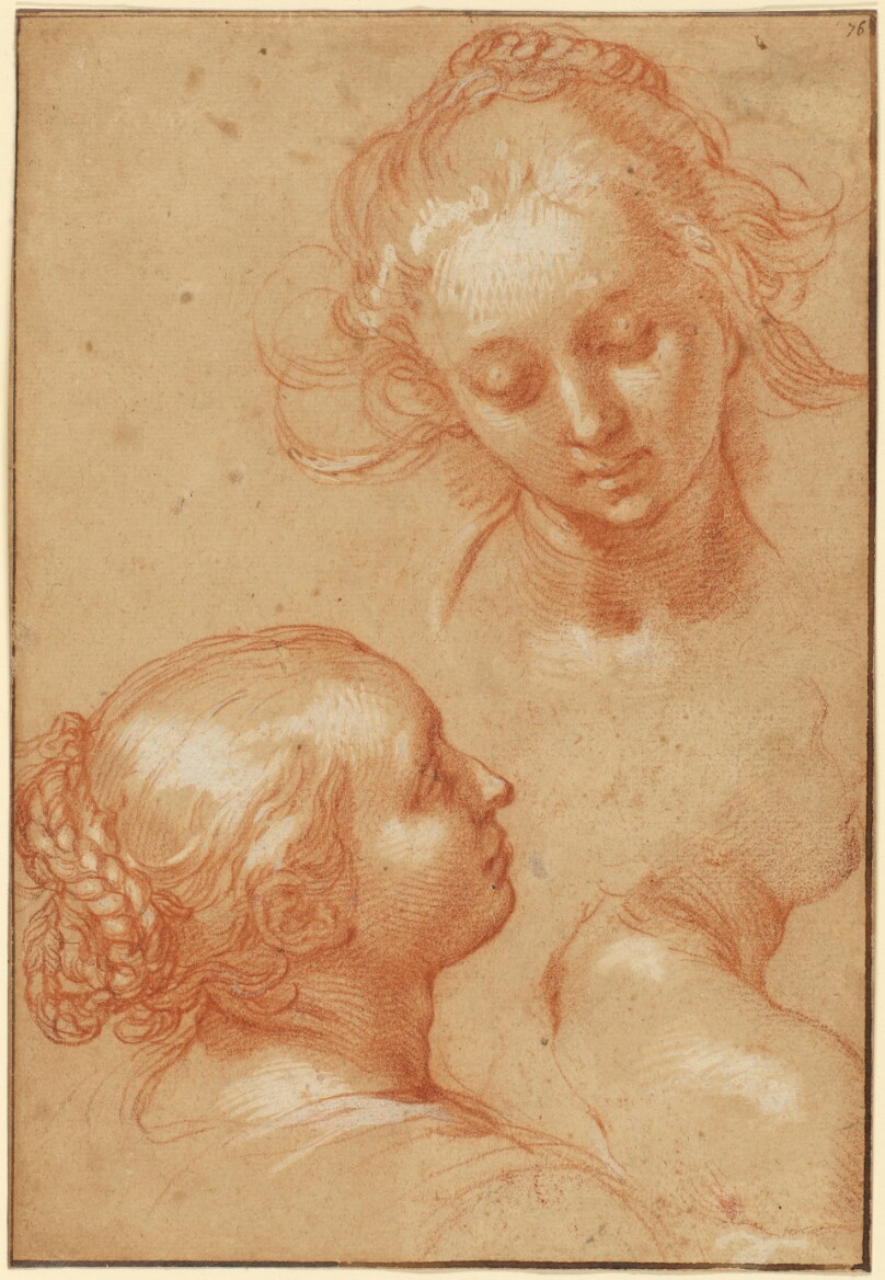 Three Studies of Women (recto); Four Studies of Hands and a Counterproof of a Kneeling Young Man (verso)