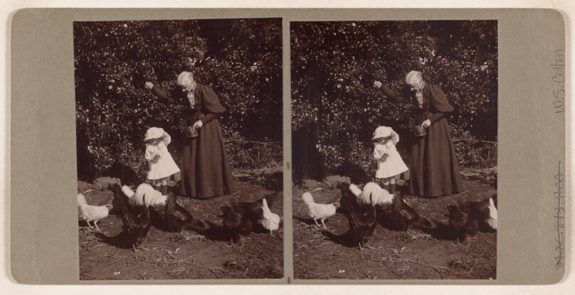 [Elderly woman and child feeding chickens] (recto); [Group of men climbing rocks of a ravine] (verso)