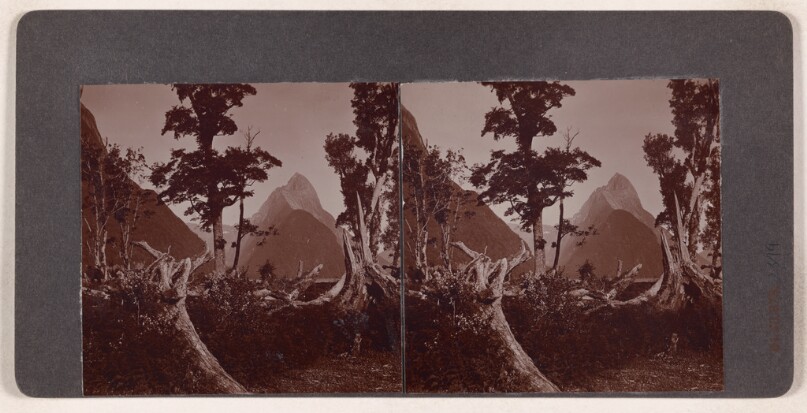 [Forest scene with mountain in background] (recto); [Two people on footbridge over a stream, mountain in background] (verso)