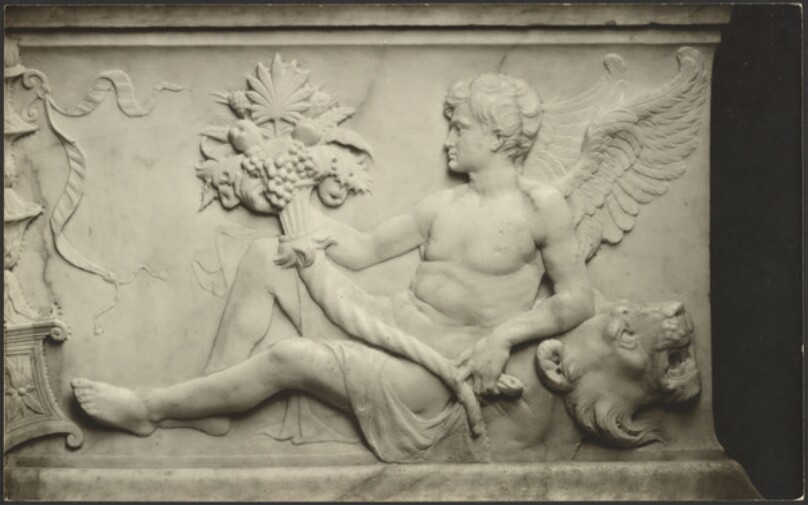 Detail of frieze, winged Genius at right, by Bernardo Rossellino.