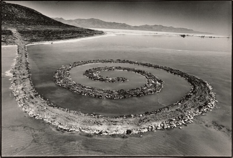 Spiral Jetty, aerial (helicopter) view, Great Salt Lake, Utah