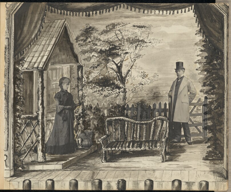 [Tableau vivant of a man and woman on a theatrical stage]
