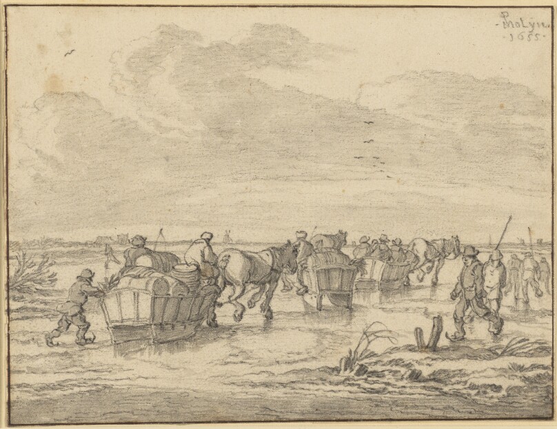 A Scene on the Ice with Skaters and Wagons