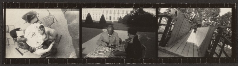 [Contact print from three 37mm negatives: people at table from above/two people at table with castle (?) facade in background/wooden bridge at an angle]