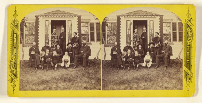 Family group at Porch Door. ["Rest Valley," Canterbury, New Hampshire. The Old Homestead of Hon. J.M. Harper]