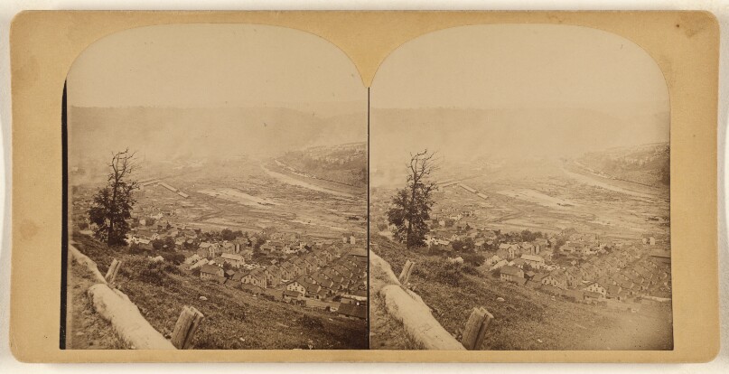 The Great Johnstown Flood, May 31, 1889. A bird's-eye view of Johnstown from the hill-top south of the city...