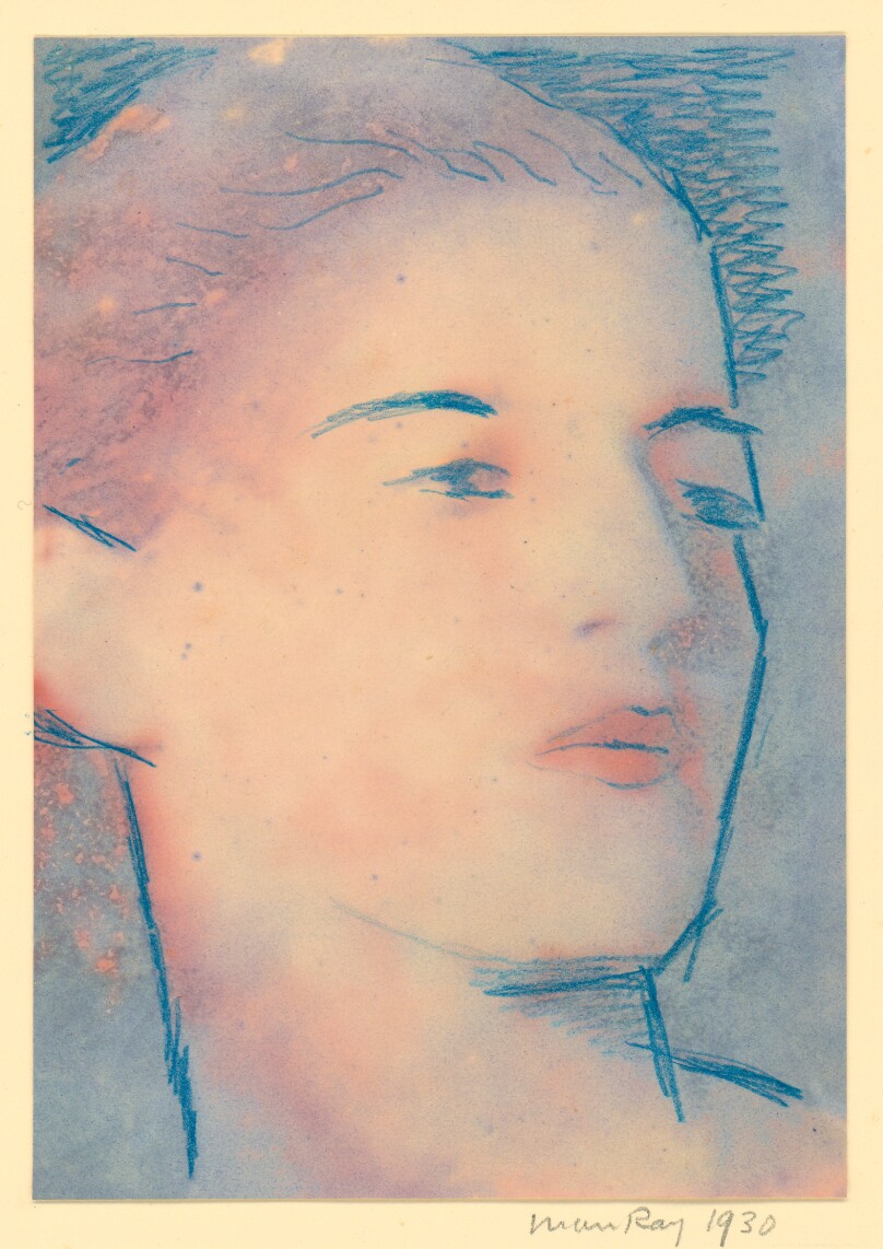 [Female head, blue & peach]