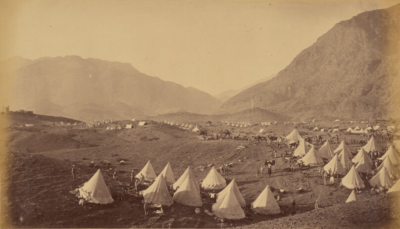 Shergai Heights looking towards Ali Musjid, showing entire line of Enemy's defences right and left of Ali Musjid, and Camp of 3rd Brigade