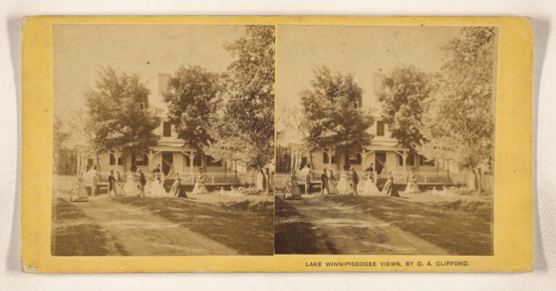 [Town scene with people at or near Lake Winnipiseogee]