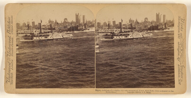 Mighty Buildings of a mighty city - skyscrapers of Lower New York - from a steamer on the North River.