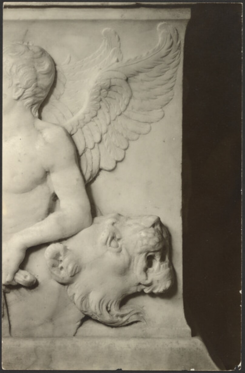 Detail of frieze, winged Genius at right, by Bernardo Rossellino.