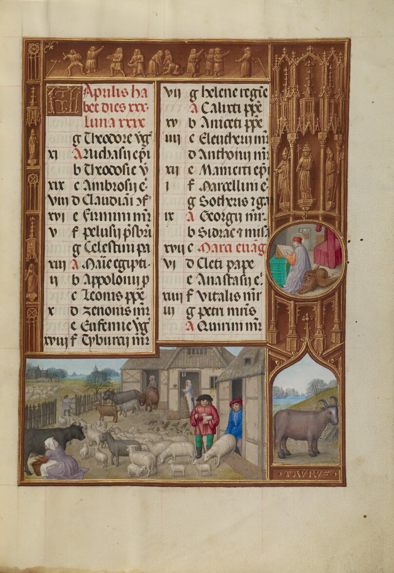 April Calendar Page; Milking and Butter Making; Taurus