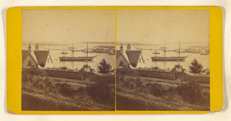 Queenstown Harbour. View from Spy Hill - Haulbowline Island and H.M. Frigate "Mersey."