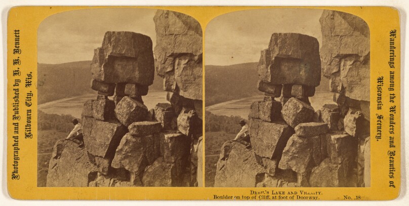 Boulder on top of Cliff, at foot of Doorway. [Devil's Lake and Vicinity]