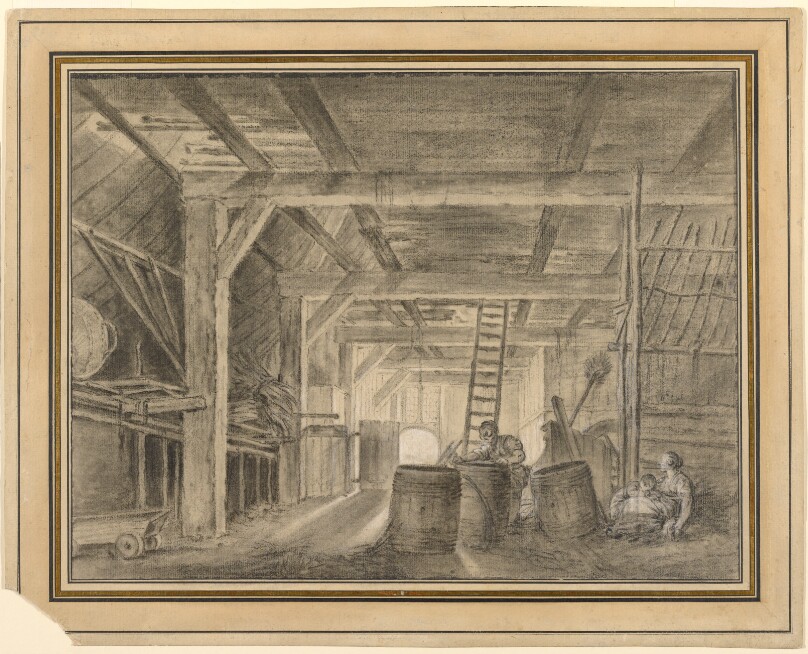 Interior of a Barn with a Family of Coopers