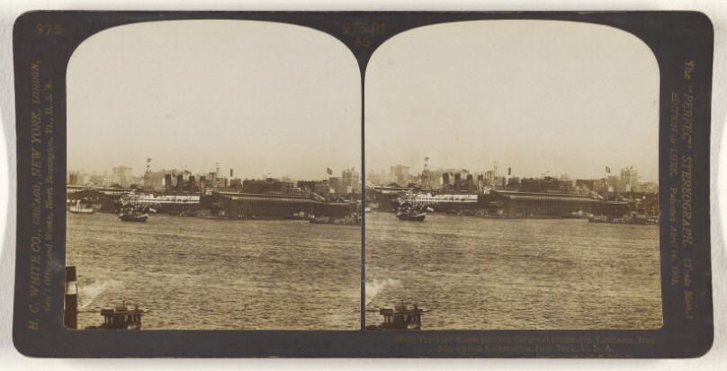 The Half Moon passing the great steamship Lusitania, Hudson-Fulton Celebration, New York, U.S.A.