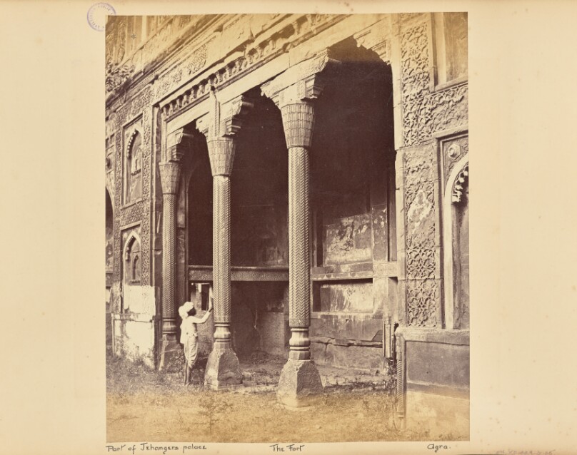 Agra; Carved Stone Pillars in the Old Palace of Jehangir