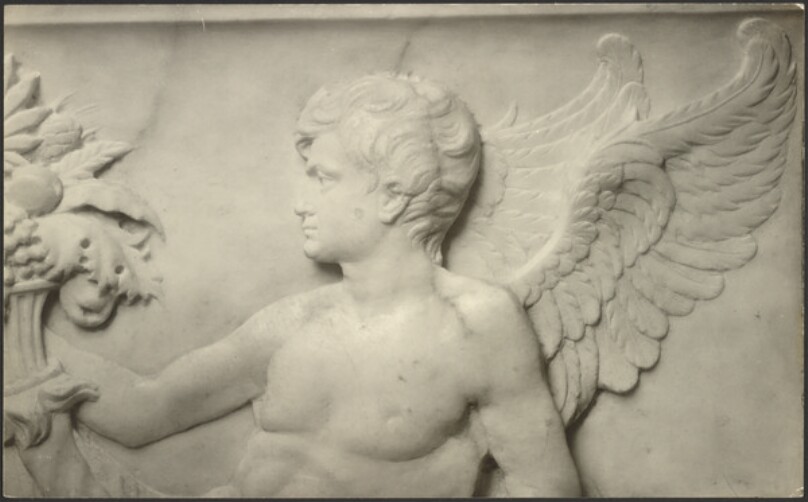 Detail of frieze, winged Genius at right, by Bernardo Rossellino.