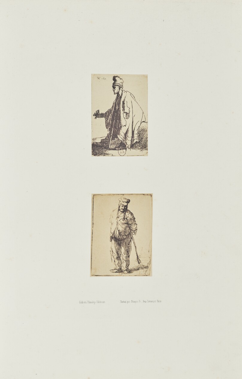 [Two etchings by Rembrandt: "The Leper ('Lazarus Klep')" and "Ragged Peasant with His Hands Behind Him, Holding a Stick"]