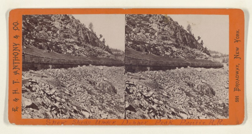 Exterior View of Snow Sheds under Donner Peak. [Pacific Rail Road]