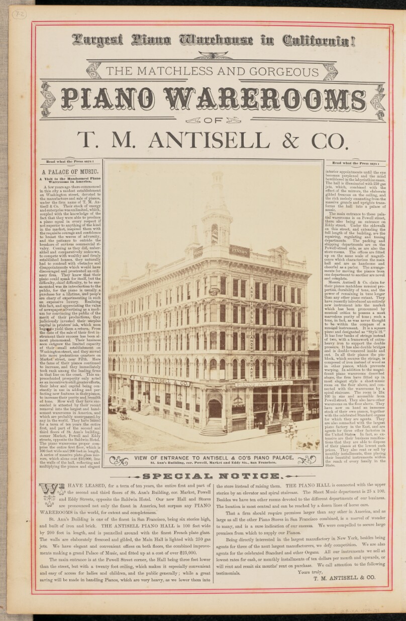 View of Entrance to Antisell and Company's Piano Palace, St. Ann's Building, corner Powell, Market and Eddy Streets, San Francisco