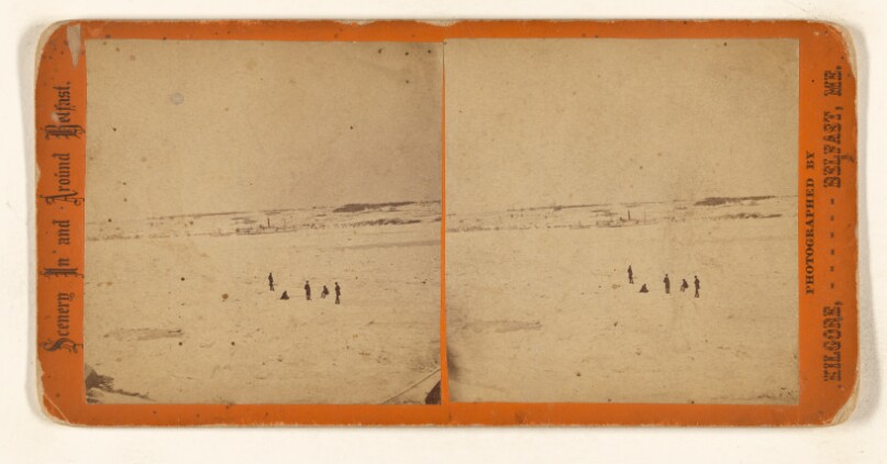 [High angle long view of several people in the snow, Belfast, Maine]