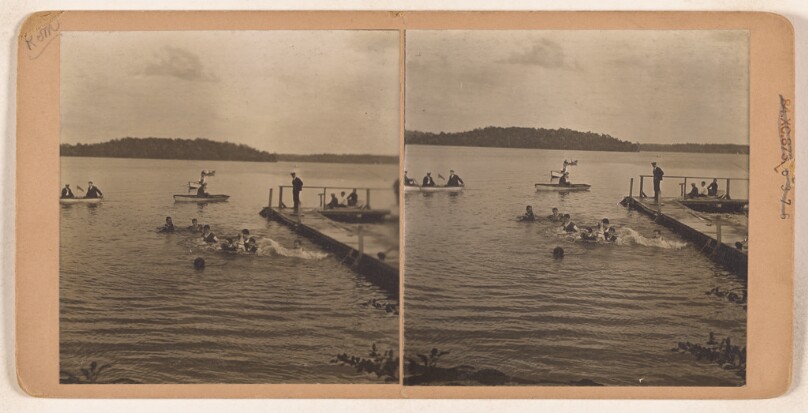 [Swimmers in an unidentified lake] (recto); [Group of unidentified swimmers standing on pier] (verso)