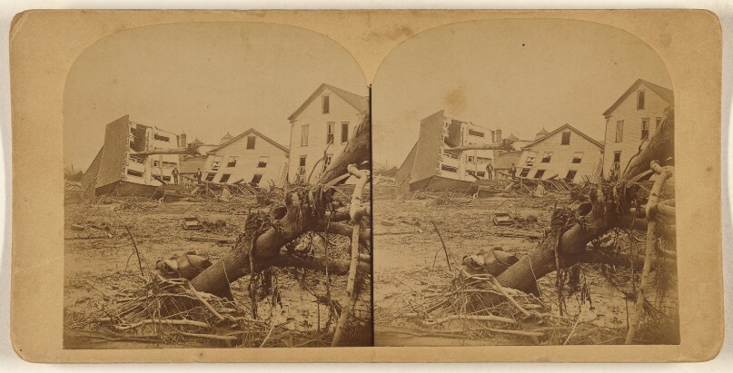The Great Johnstown Flood, May 31, 1889. One of the many peculiar instances...terrible flood...tree crushed...Zimmerman's house.