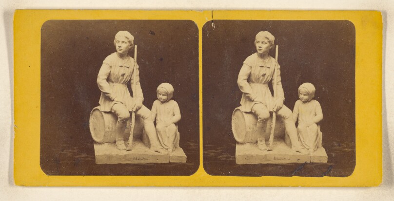 [Palmer Marbles. Sculpture of boy with rifle seated on barrel, little girl seated next to him]