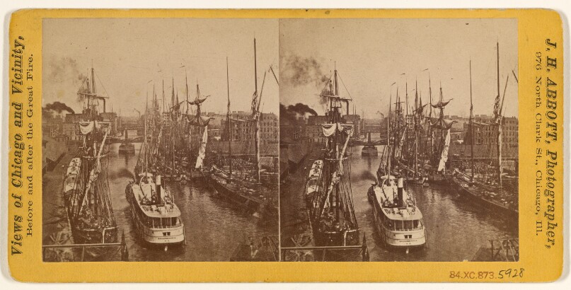[View of Chicago before and/or after the great fire: harbor scene with boats]